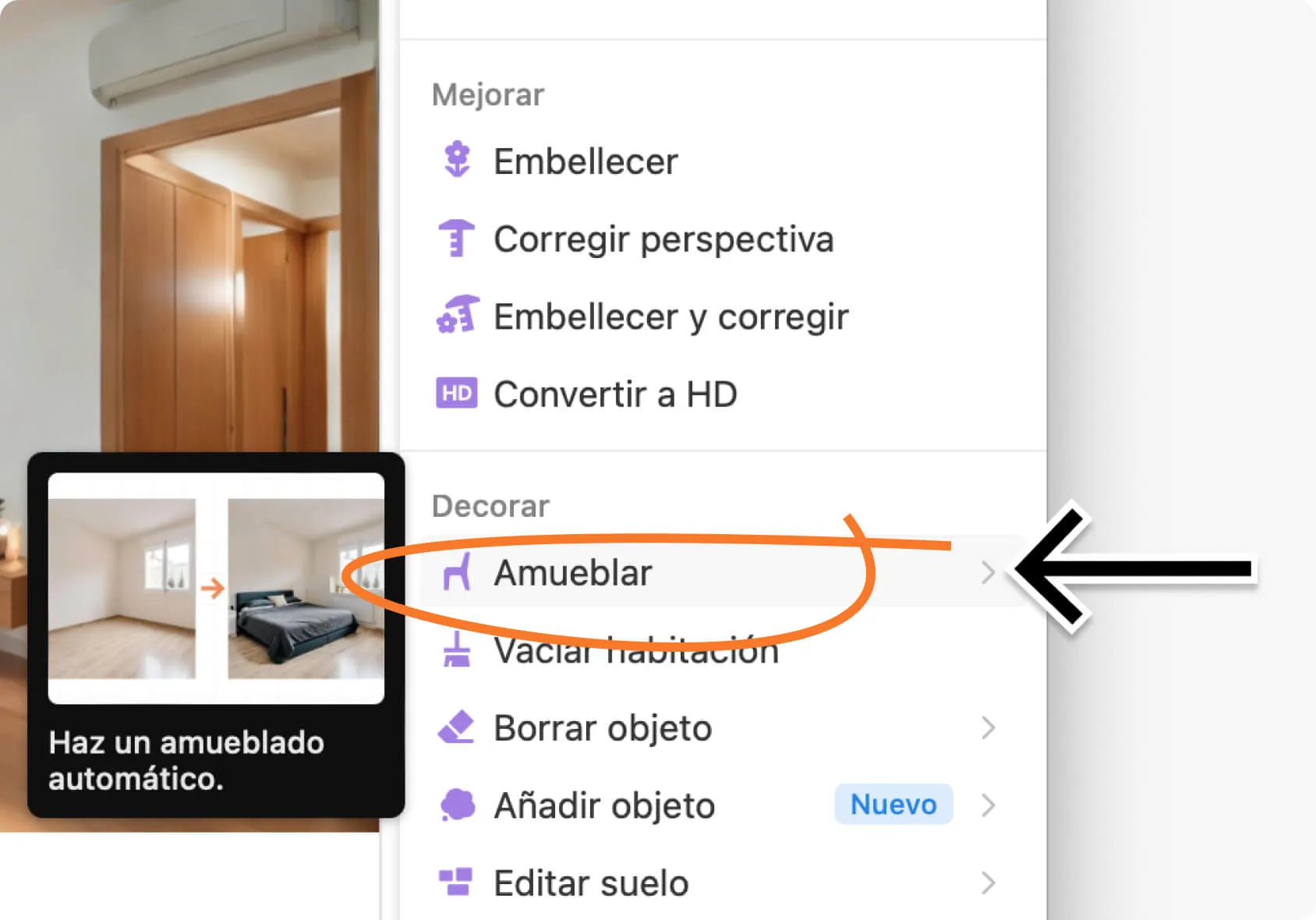 Menu para criar decoração virtual para um quarto