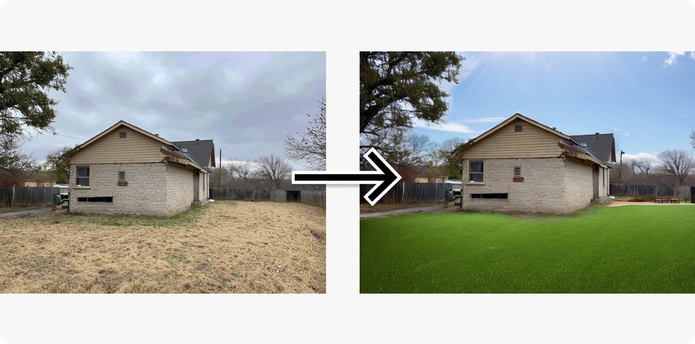 Antes y después de un cielo azul y césped verde con IA