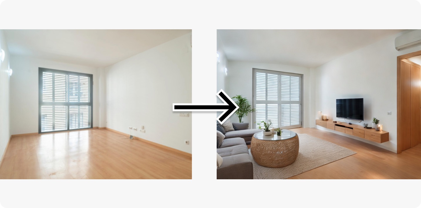 Before and after virtual furnishing with AI