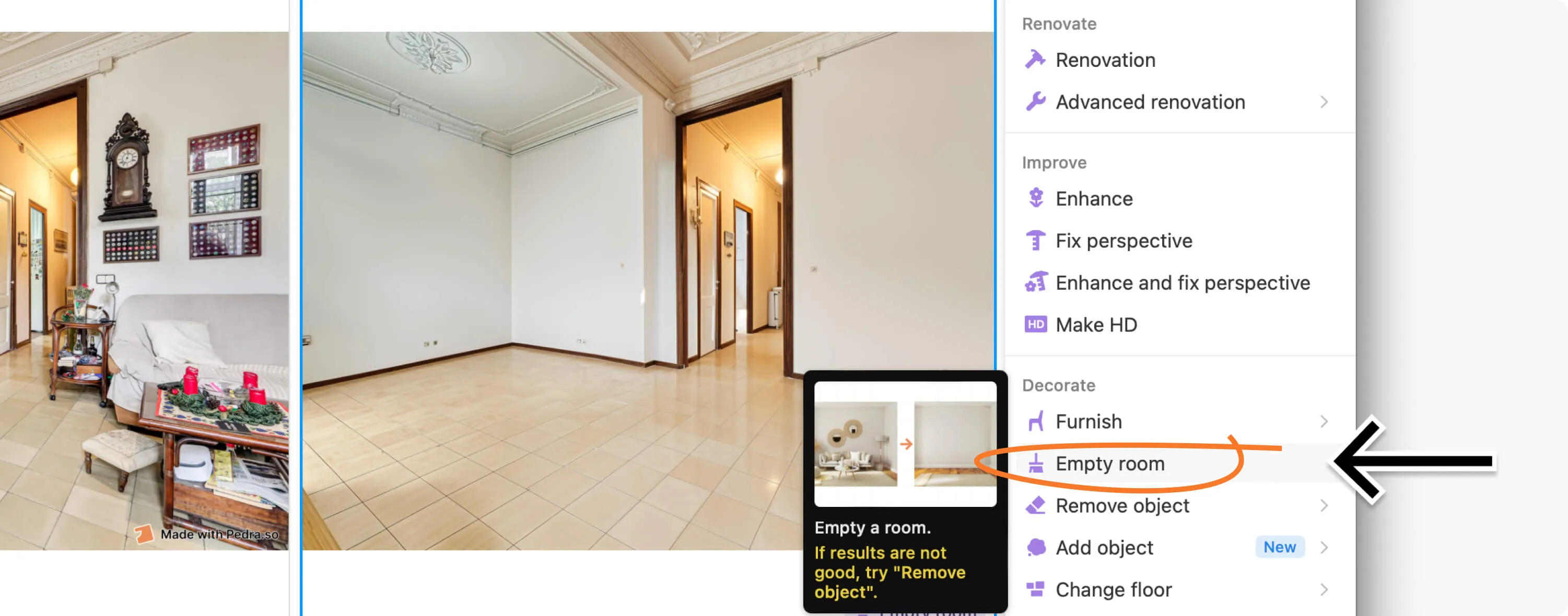 How to empty rooms in houses and properties – Screenshot of Pedra software