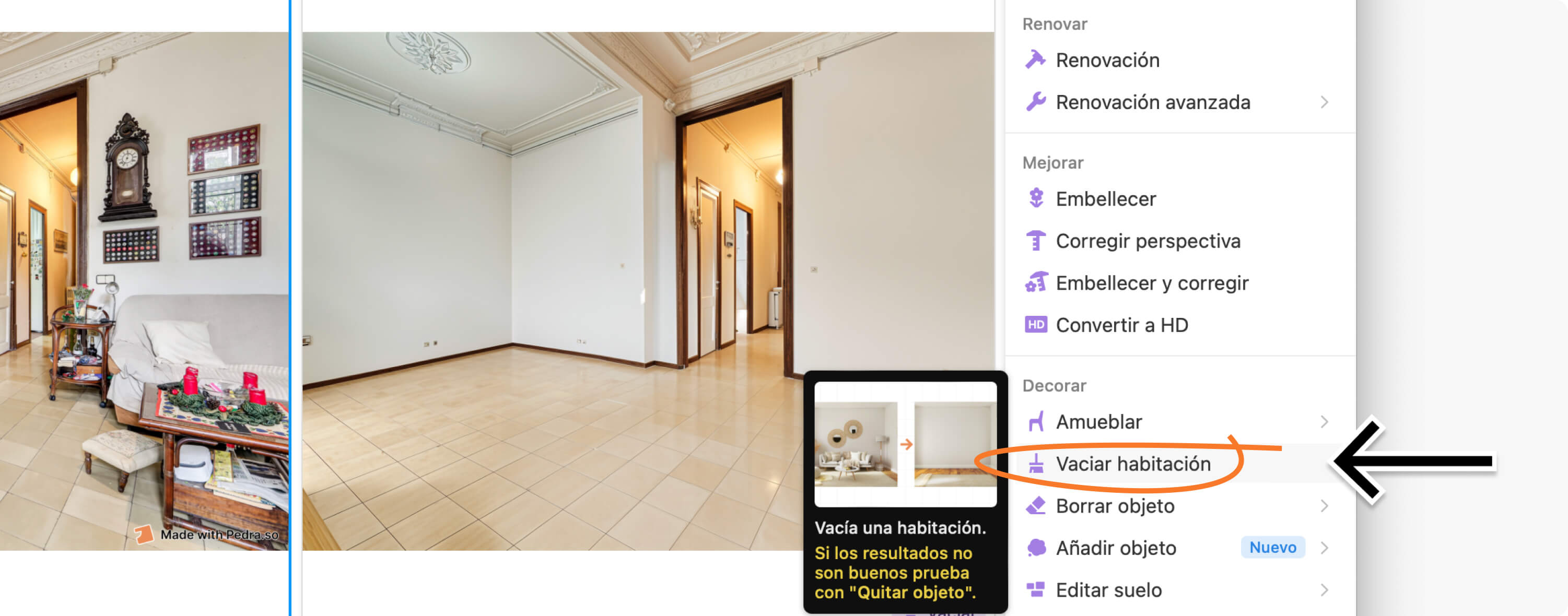 Cómo vaciar habitaciones de casas y propiedades – Captura del software Pedra