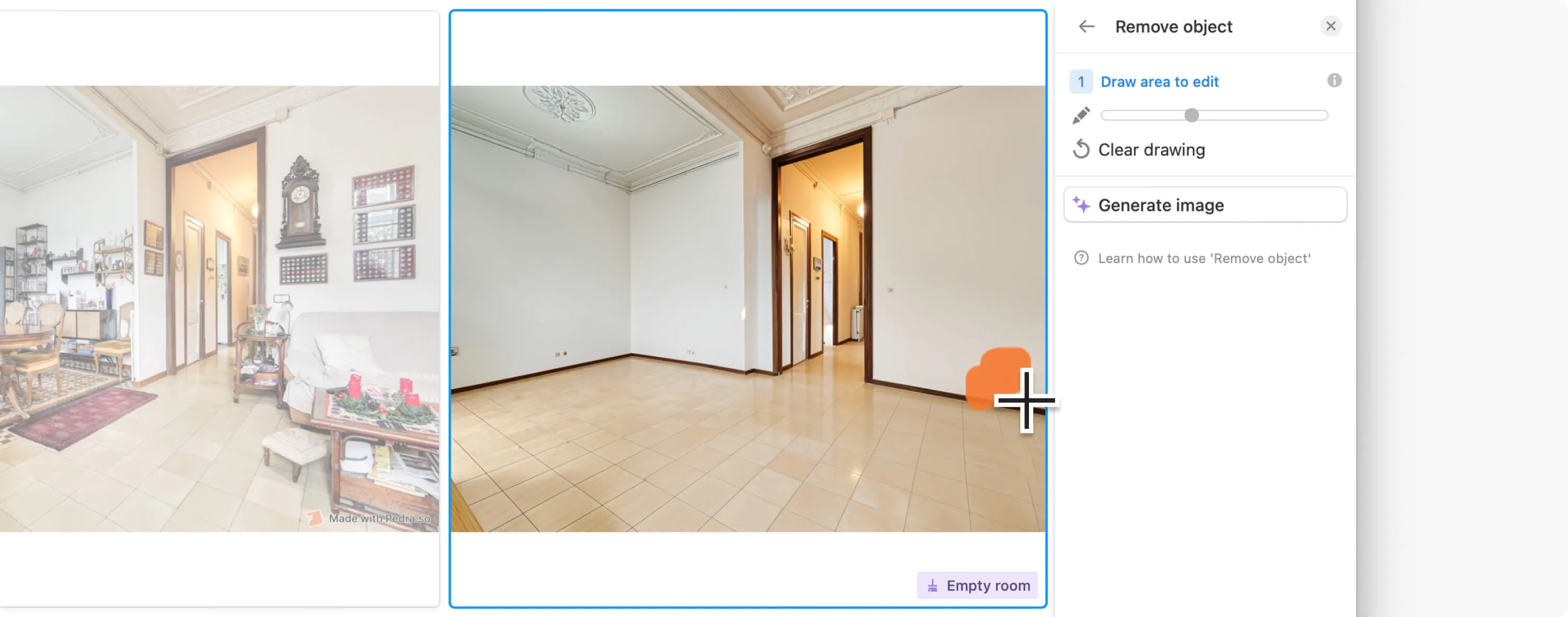 How to empty rooms in parts – Screenshot of Pedra software